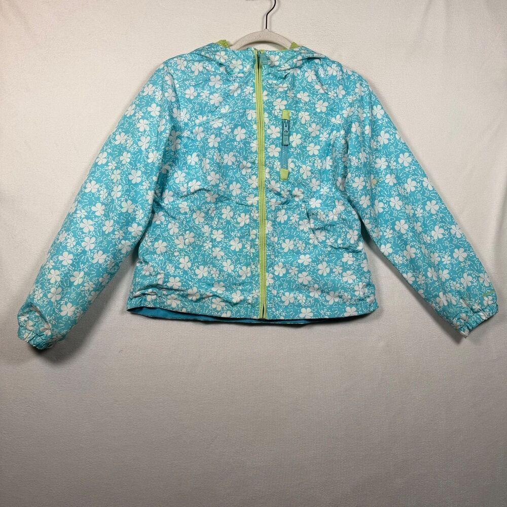 London Fog Girls Hooded Windbreaker Jacket Blue Floral Mesh Lined Size 14/16